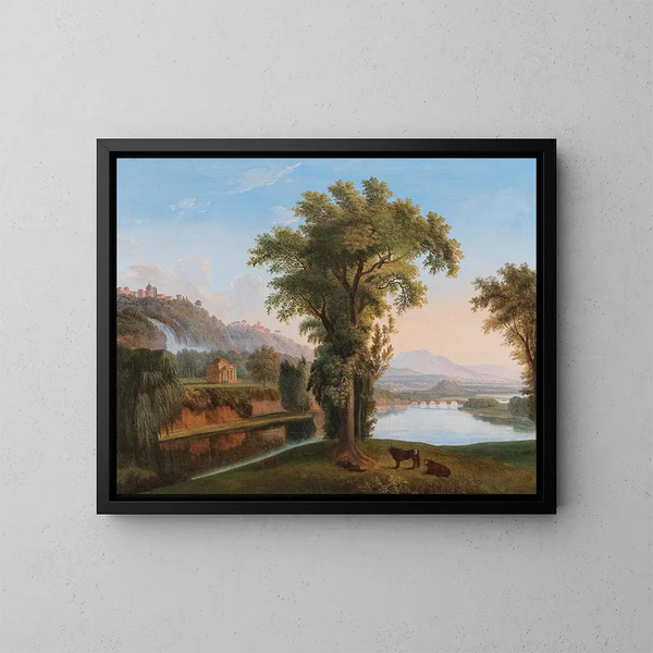Een uitgestrekt landschap met uitzicht op de Tivoli-watervallen - Cirkel van Jacob Philipp Hackert — ingelijst kunstwerk aan de muur