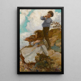 Circle of Jessie Willcox Smith - Two Children on a Windswept Hill.webp