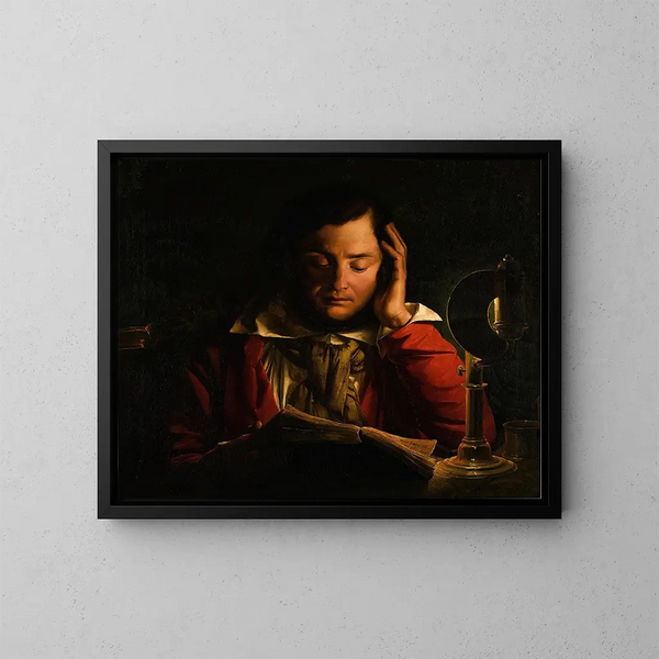 Portret van een geleerde in zijn studeerkamer - Cirkel van Joseph Wright of Derby — ingelijst kunstwerk aan de muur