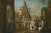 Straatscène met acteurs van de Commedia dell'arte en muzikanten verzameld rond twee marionetten, een obelisk op de achtergrond - Cirkel van Marco Marcola — weergave van het kunstwerk