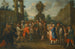 Straatscène met artiesten van de Commedia dell'arte verzameld rond een aap, een urne op de achtergrond - Cirkel van Marco Marcola — weergave van het kunstwerk