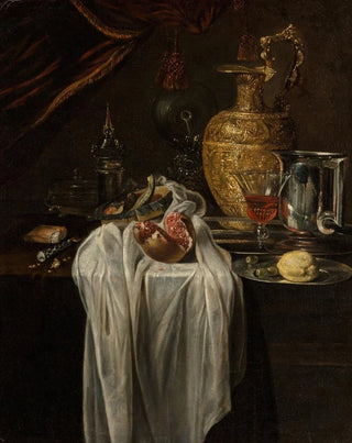 Circle of Willem Kalf - Still life with ewer vessels lemon marzipan and pomegranate.webp