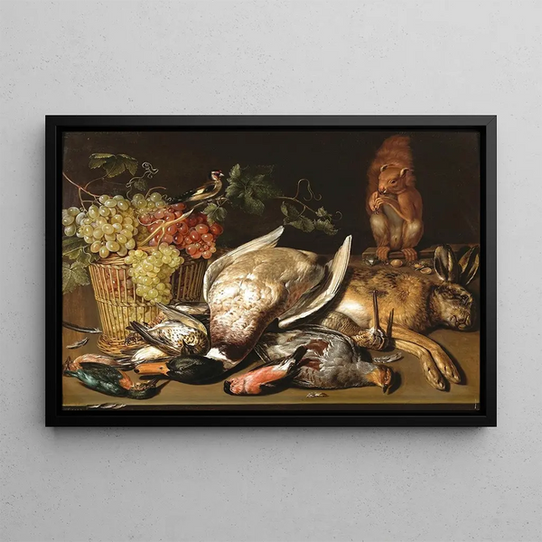 Clara Peeters - A basket of red and green grapes a goldfinch game and a squirrel on a wooden table.webp