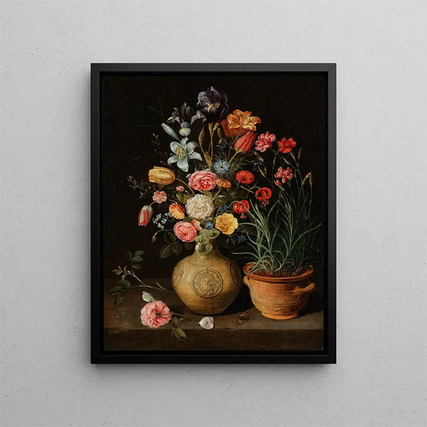 Roses, lilies, irises, and other flowers in a faience vase with a pot of carnations and a butterfly on a ledge - Clara Peeters — framed artwork on a wall
