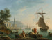Een mediterrane haven bij zonsondergang met vissers aan de waterkant, een vuurtoren en een oorlogsschip dat voor anker ligt in de baai - Claude-Joseph Vernet — weergave van het kunstwerk