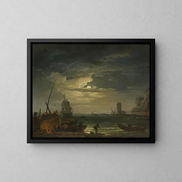 a Mediterranean cove under moonlight - Claude-Joseph Vernet — framed artwork on a wall