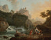 van een rotsachtig landschap met een visser en reizigers bij een rivier met een waterval en een aquaduct op de achtergrond - Claude-Joseph Vernet — weergave van het kunstwerk