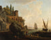 Landschap met denkbeeldig landschap, scène van Italiaanse haven - Claude-Joseph Vernet — weergave van het kunstwerk