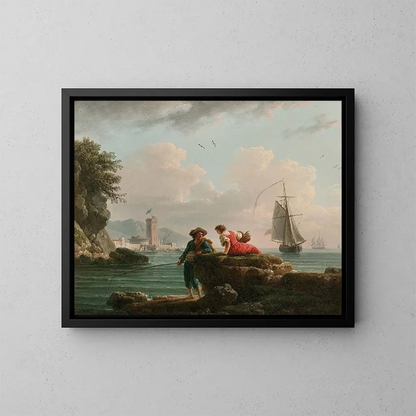 Fishermen on a Mediterranean Shore - Claude-Joseph Vernet — framed artwork on a wall