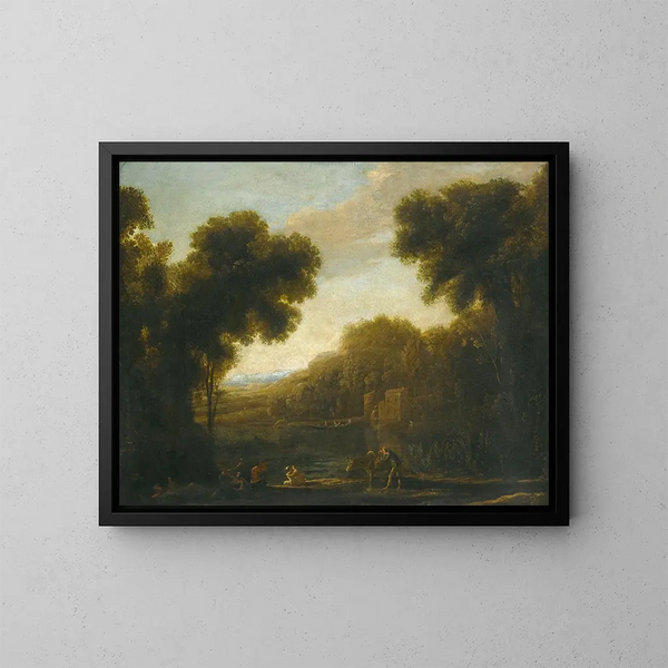 a river landscape with travelers on the shore - Claude Lorrain — framed artwork on a wall