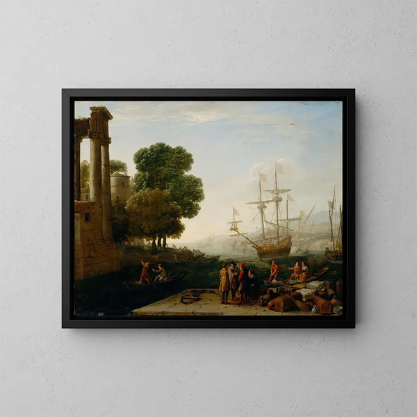 a seaport at sunset - Claude Lorrain — framed artwork on a wall