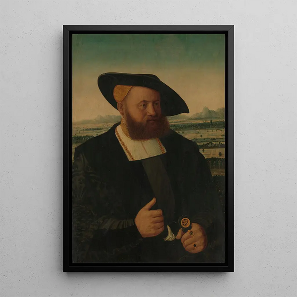 Portrait of a man with a Moor's head on his signet ring - Conrad Faber von Kreuznach — framed artwork on a wall
