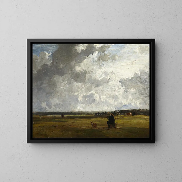 Landscape painting with a painter at the easel - Constant Troyon — framed artwork on a wall