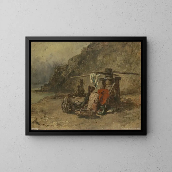 View of a beach with crab fishermen - Constant Troyon — framed artwork on a wall