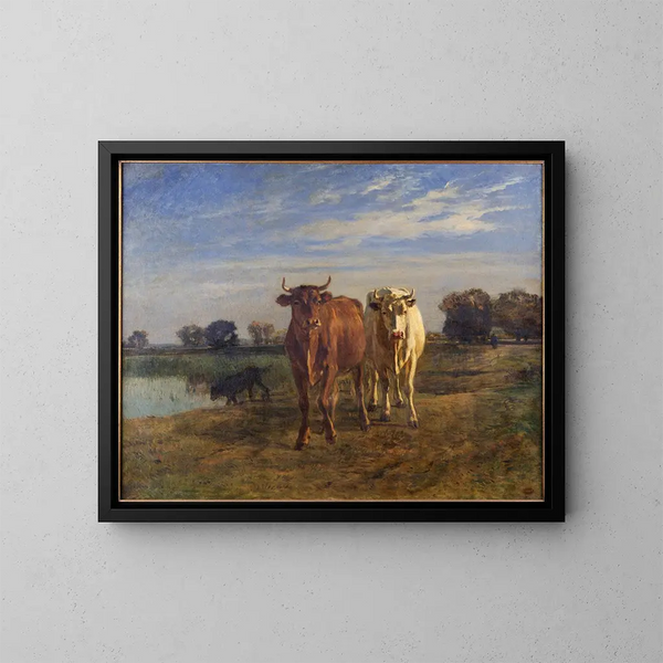 Two cows in a landscape - Constant Troyon — framed artwork on a wall