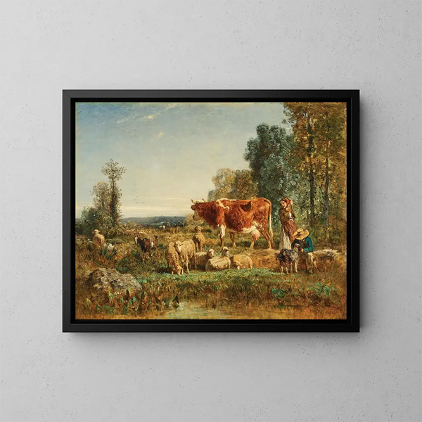 Young shepherds with their livestock - Constant Troyon — framed artwork on a wall