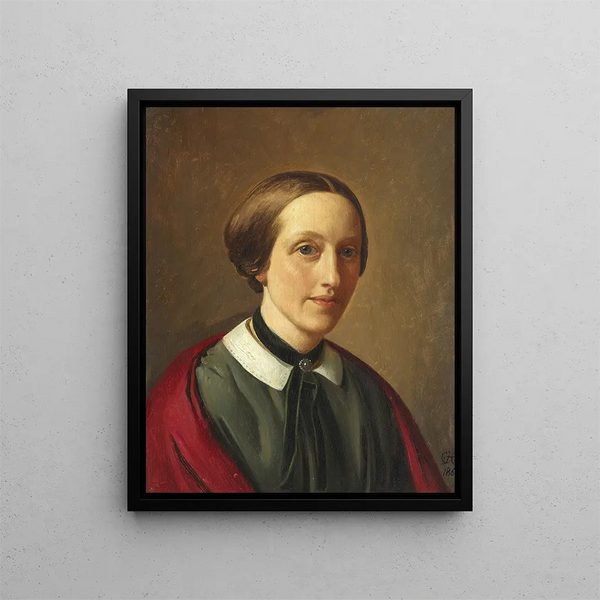Portrait of Michala Ingerslev f. Aagaard d'Iselingen in a black dress and red shawl - Constantin Hansen — framed artwork on a wall