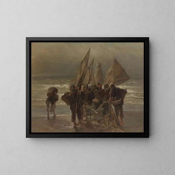 Woman fishing for shrimp at Mariakerke - Constantin Meunier — framed artwork on a wall