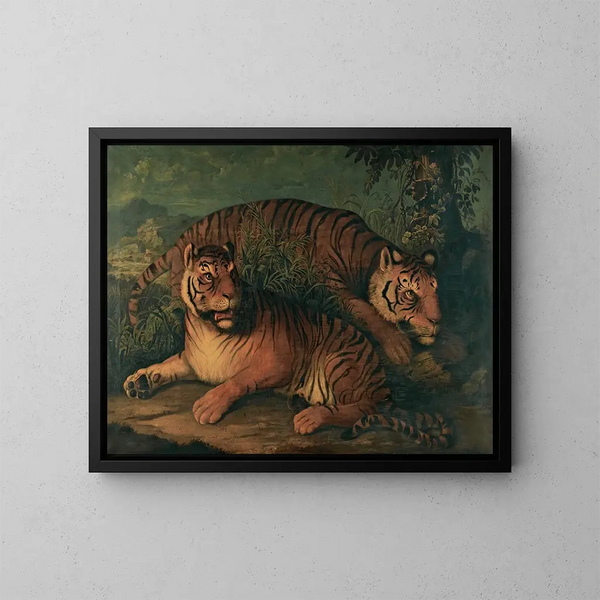 a landscape with Bengal tigers - Continental School — framed artwork on a wall