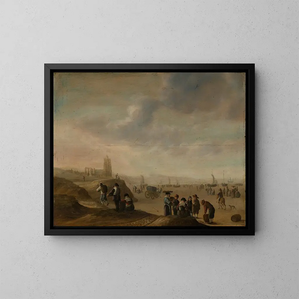 Beach scene with many figures - Cornelis Beelt — framed artwork on a wall