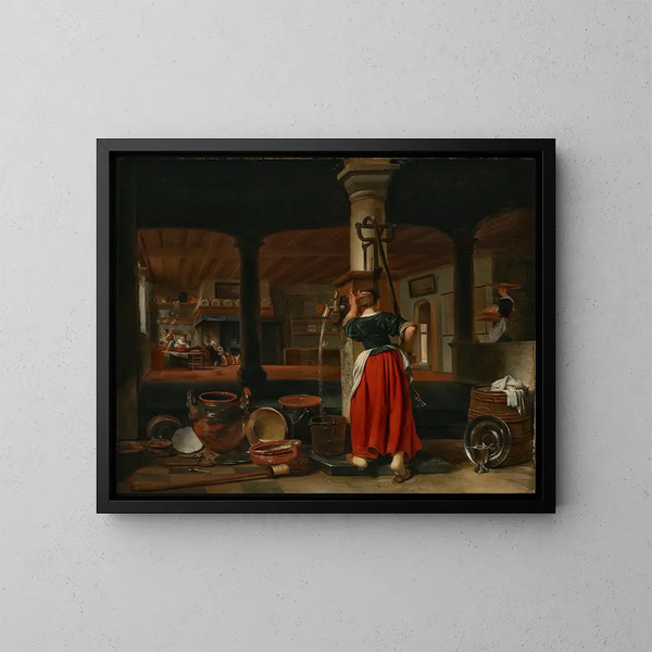 a Servant Pumping Water in a Kitchen Interior - Cornelis Bisschop — framed artwork on a wall