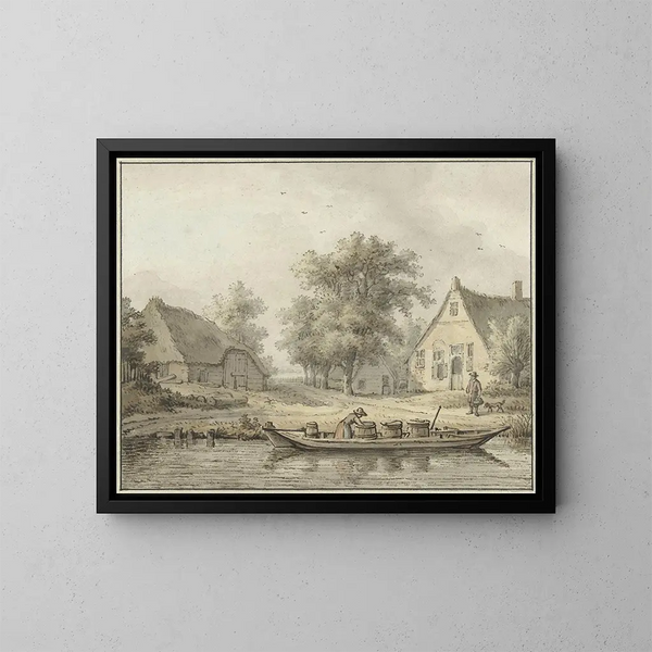 Landscape painting with a docked boat and barrels - Cornelis Buys — framed artwork on a wall