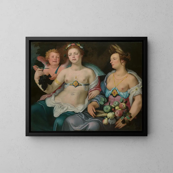 Venus, Cupid and Ceres - Cornelis Cornelisz van Haarlem — framed artwork on a wall