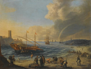 Cornelis De Wael - A Mediterranean Harbour Scene With An Ottoman Barge And Other Boats Figures On The Beach A Rainbow In The Distance.webp