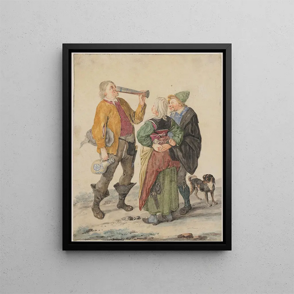 Couple of peasants with a drinker - Cornelis Dusart — framed artwork on a wall