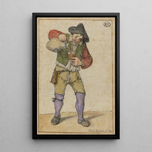 Peasant painting filling a glass - Cornelis Dusart — framed artwork on a wall