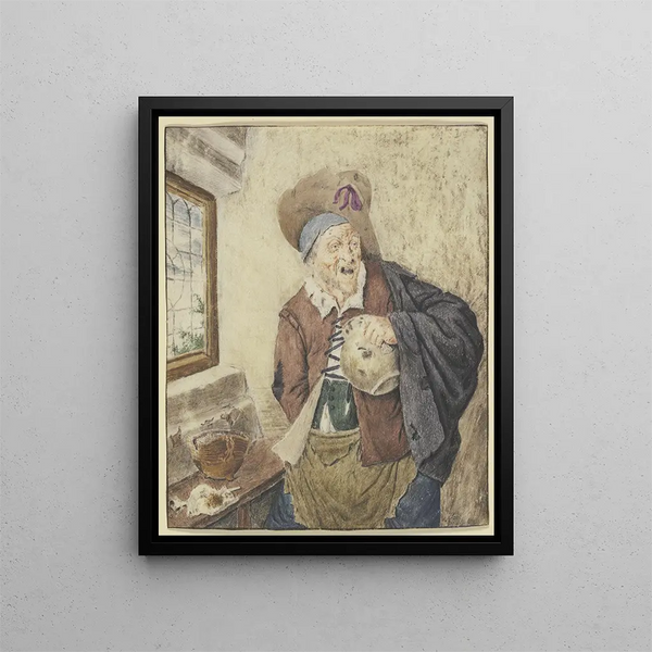 a ragged farmer at a window with a jug in hand - Cornelis Dusart — framed artwork on a wall