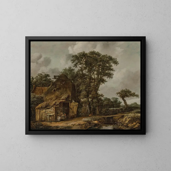 a landscape with a farm near a stream - Cornelis Gerritsz Decker — framed artwork on a wall