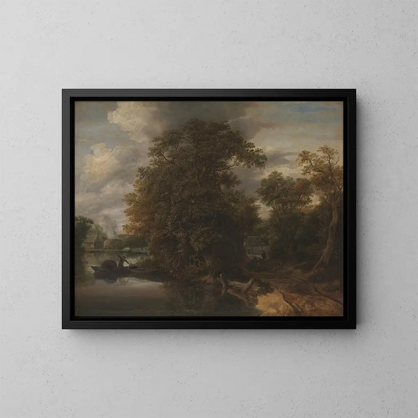 Landscape painting of a riverside with a lime kiln in the background - Cornelis Gerritsz Decker — framed artwork on a wall