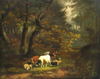 Cornelis Johannes de Vogel - Waldinneres mit kleiner Kuh und Schafherde.webp