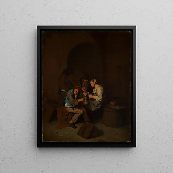 Cornelis Pietersz Bega - Vier zechende Bauern mit einer Frau.webp