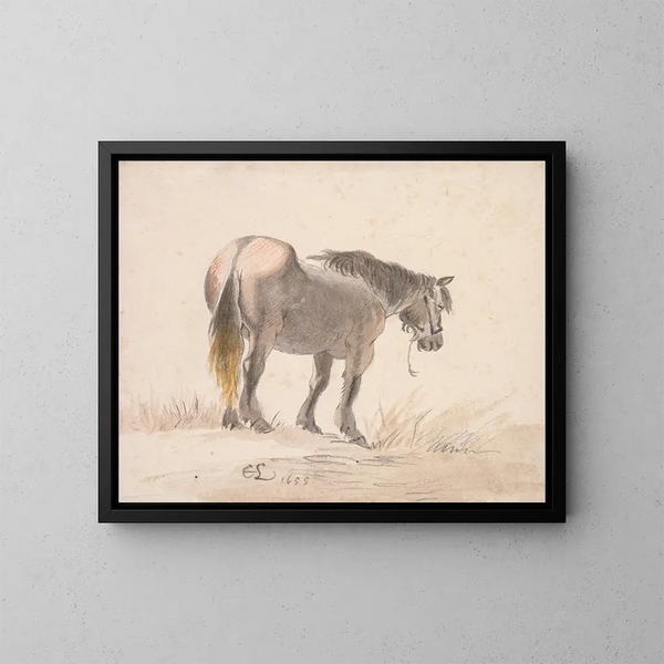 Horse standing on a mound - Cornelis Saftleven — framed artwork on a wall