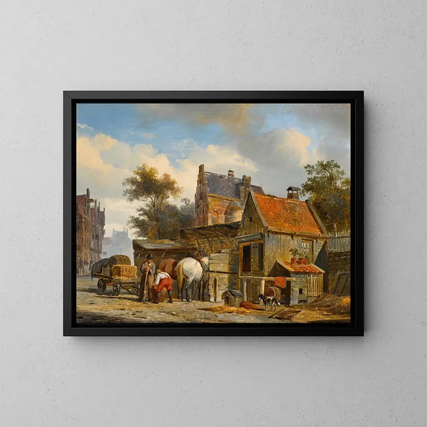 a street scene with a blacksmith at work - Cornelis Springer — framed artwork on a wall