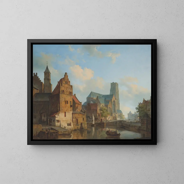 a view of the Delftse Vaart and the Saint-Laurent Church in Rotterdam - Cornelis Springer — framed artwork on a wall