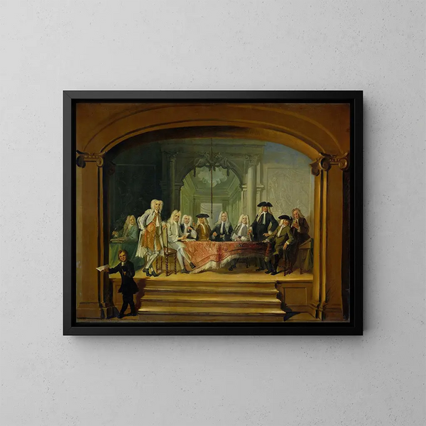 The Regents of the Orphanage Aalmoezeniersweeshuis of Amsterdam 1729 - Cornelis Troost — framed artwork on a wall