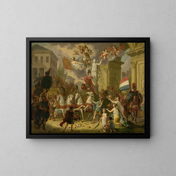 Allégorie de la procession triomphale du prince d'Orange, le futur roi Willem II, en héros de Waterloo 1815 - Cornelis Van Cuylenburgh II — framed artwork on a wall