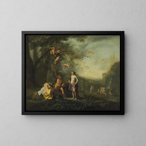 Bacchus, Venus and Ceres under a vine in a pastoral landscape with putti, nymphs, and satyrs - Cornelis van Poelenburch — framed artwork on a wall