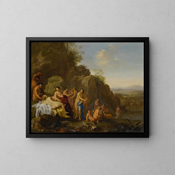 Diane and her nymphs in a landscape with the remains of the hunt - Cornelis van Poelenburch — framed artwork on a wall