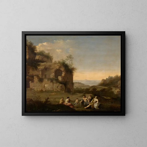 Landscape with a Ruin - Cornelis van Poelenburch — framed artwork on a wall