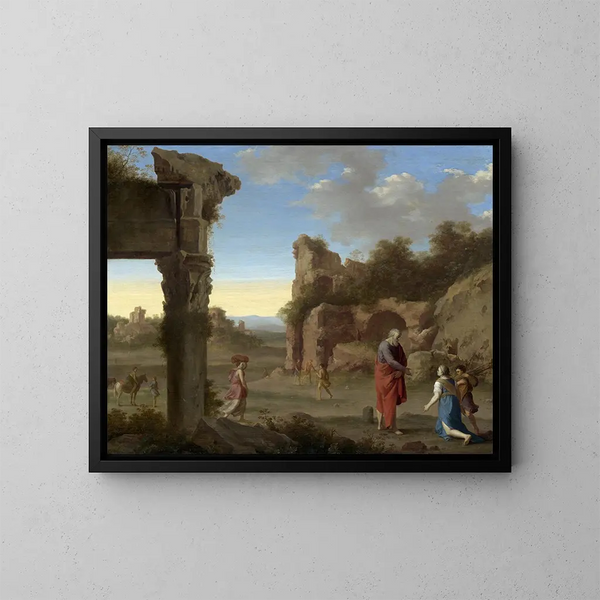 The Prophet Elijah and the Widow of Zarephath - Cornelis van Poelenburch — framed artwork on a wall