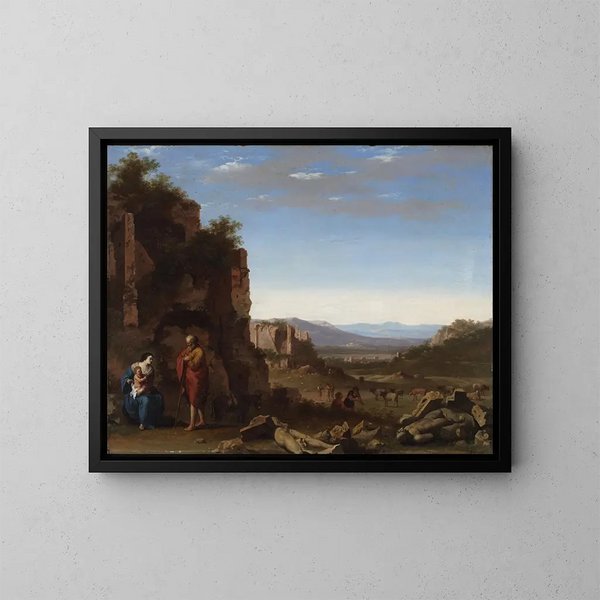 The Rest During the Flight into Egypt - Cornelis van Poelenburch — framed artwork on a wall
