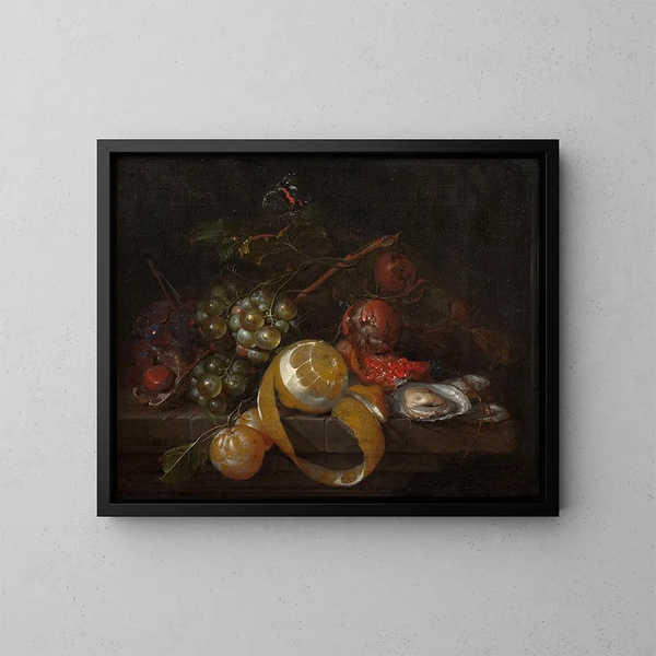 Composition with a lemon, grapes, and oysters - Cornelis de Heem — framed artwork on a wall