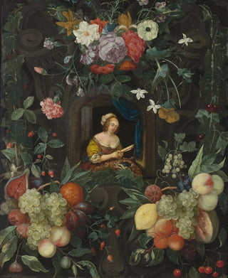 Cornelis van Huynen - Portrait of a lady in a circle of flowers.webp