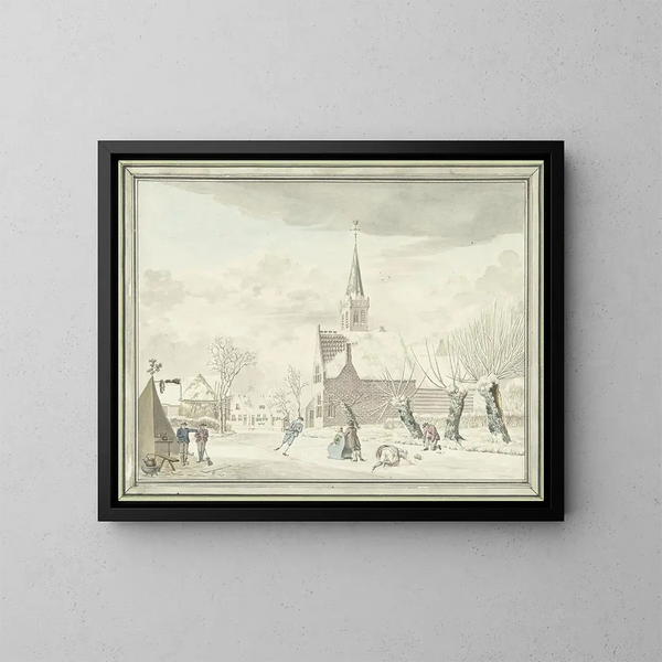 Entertainment on the ice in the village of Kortenhoef - Cornelis van Noorde — framed artwork on a wall