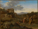 Landschap van Italiaanse bergen met Abraham en Isaac op weg naar het offer - Cornelis van Poelenburg — weergave van het kunstwerk