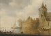 Landschap met rivier, toren en dorpsgebouwen achter een muur - Cornelis van der Schalcke — weergave van het kunstwerk